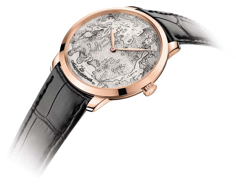 The dial of the Girard-Perregaux Terrestrial Map watch has been hand-painted using India ink on the surface of a white jade stone.